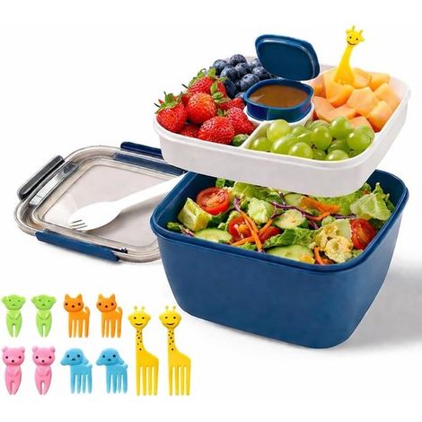 Boîte à salade - Saladier avec couvercle - Récipient pour vinaigrette - Fourchette réutilisable - Convient pour les garnitures de salade et les en-cas - Bleu (1/5)