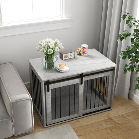 Cage pour chien PawHut maison, chenil verrouillable avec entrée, niche à glissière, abri pour grands chiens jusqu'à 30 kg, gris, 98 x 58 x 61 cm (1/5)