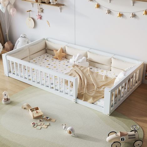 Letto singolo per bambini 90x200 cm con sponde di sicurezza e cuscini, senza materasso, in legno bianco/MDF (1/5)