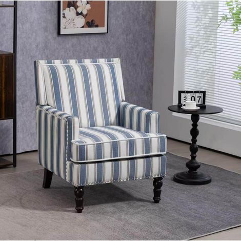 Sillón tapizado de algodón y lino a rayas azules y blancas, estructura de madera maciza,69x69x89 cm