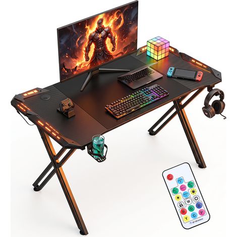 Jiubiaz Mesa gaming LED RGB 120x60 cm estructura X carbono alfombrilla negra (1/5)
