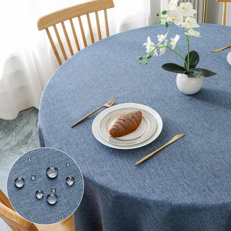 Tischdecke rund 100cm blau Leinen-Optik abwaschbar wasserabweisend kratzfest