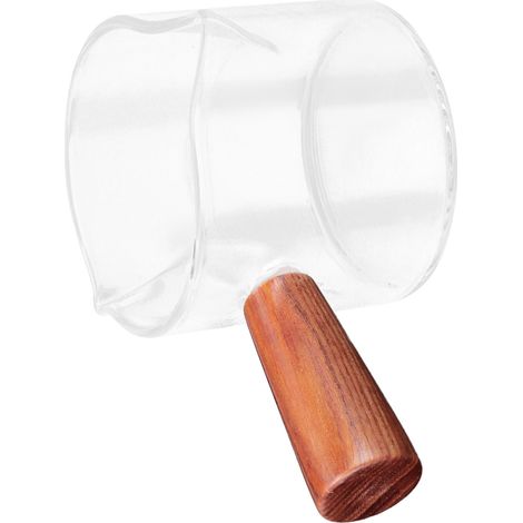 Doppelt ausgießbarer Milchbecher mit Holzgriff, Messbecher aus Glas für Kaffee und andere Getränke, gerader Bechertyp (1/5)