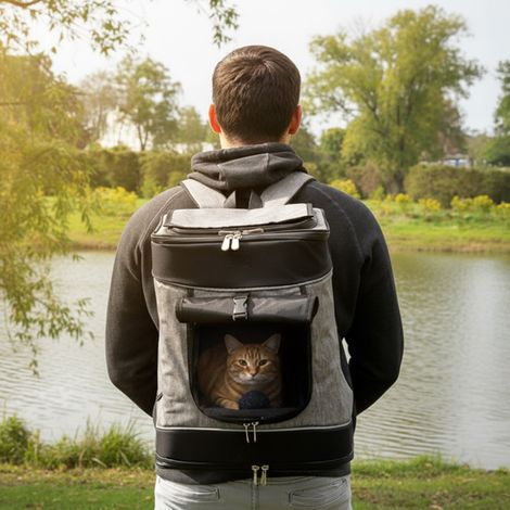 belviona Katzenrucksack mit Regenschutz, Sicherheitskarabiner & gepolstertem Rücken, für Tiere bis 10 kg, grau/schwarz (1/5)
