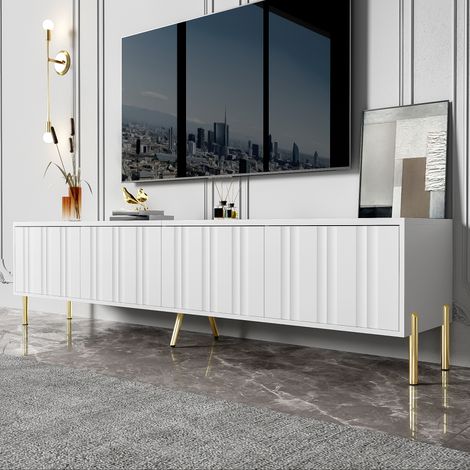 Meuble TV blanc 190x38x48 cm, pieds dorés, portes cannelées, design moderne, meuble bas élégant pour salon, rangement spacieux, finition premium (1/5)