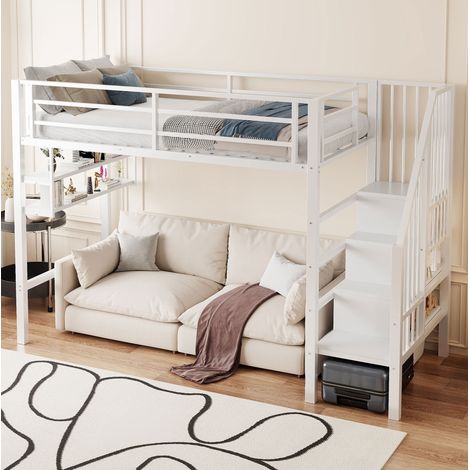 DESVIAE Lit superposé enfant 90 x 200 cm avec étagères et escalier de rangement en métal et MDF blanc (1/4)