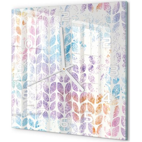 Horloge Murale Carrée Déco Salon Verre Trempé Silencieuse Design Contemporain Feuilles colorées 30x30 cm (1/5)