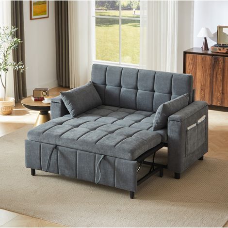 Divano letto 2 posti 3 in 1 in ciniglia grigia con contenitori nei braccioli HAVRYA (1/5)