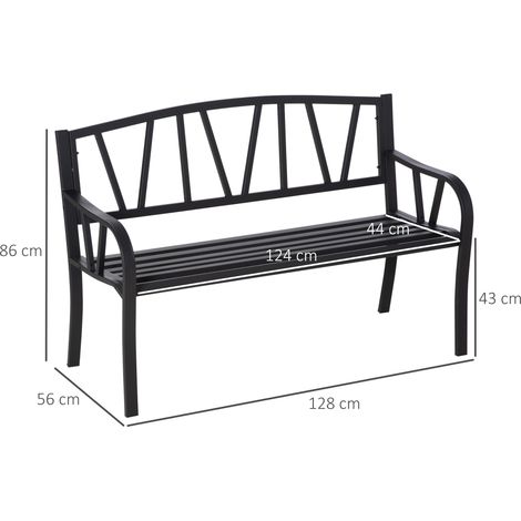 Banc de jardin étanche en métal noir, banc d'extérieur 2 places en fer, 128 x 56 x 86 cm (1/5)