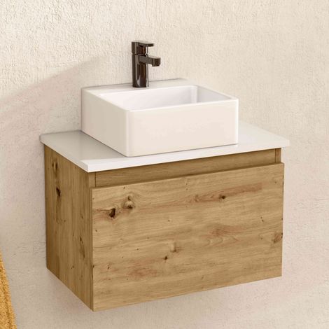 BELLOBATH – Hängender Badezimmerschrank mit quadratischem Keramikwaschbecken, Badezimmerschrank mit Waschbecken und 1 Schublade, 49,5 x 32 x 30 cm, Eiche/Weiß