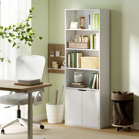 Bücherregal mit 4 offenen Fächern und 2 Türen für Wohnzimmer und Büro, 59 x 29 x 180 cm, Weiß