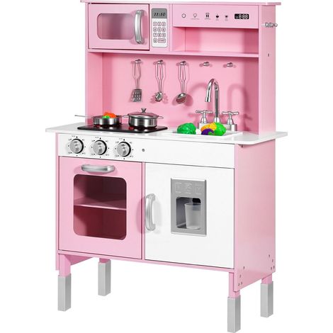 Spielküche aus Holz für Kinder mit Licht, Geräuschen, Lebensmitteln, Geschirr, Mikrowelle, Backofen, klickbaren Knöpfen und Simulationsfunktion, für Kinder von 3 bis 8 Jahren, rosa (1/5)
