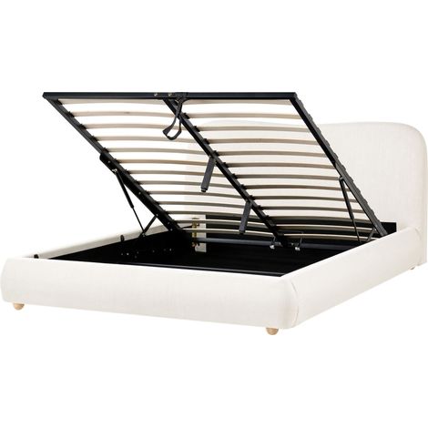 Storage Bed Off-White Polyester Fabric EU Double Size 4ft6 Minimalist Modern Design Ottoman Storage BLAGNAC
