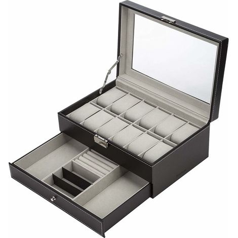 Watch box with jewelry drawer for 12 watches/box/storage box (black) (1/5)