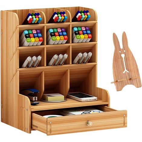 Organisateur De Stylos - Bois Composite - 12 Compartiments Et Tiroir - Bureau Artistique Ou Scolaire - 20 8 X 15 X 25 4 Cm - 1 Pièce (1/3)