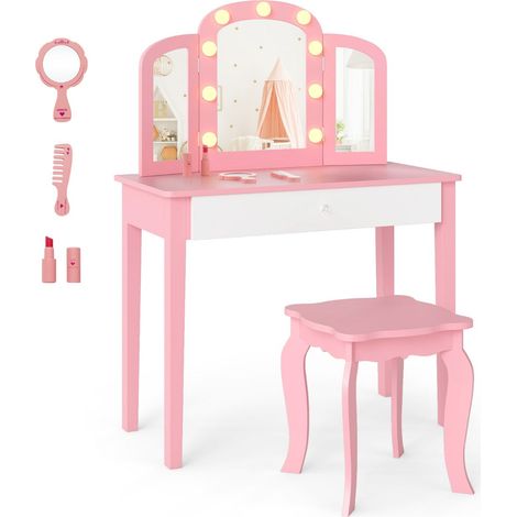 Toeletta per bambini 2 in 1 di design 70 x 34 x 95,5 cm con specchio staccabile e illuminazione LED regolabile in MDF rosa 200018892