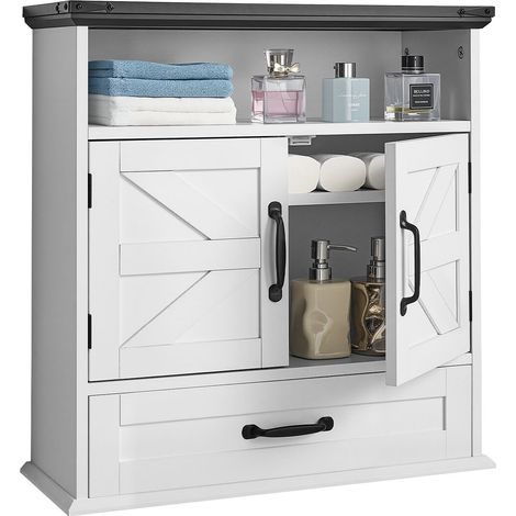 Armoire Murale de Salle de Bain, 2 Portes et Étagère Réglable, Armoire à Pharmacie Au-Dessus des Toilettes, Organisateur Suspendu avec Tiroir et Cloison Ouverte pour Buanderie, Cuisine, Blanc (1/5)