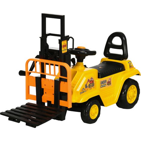 Tracteur à pédales pour enfants de 3 à 4 ans avec chariot élévateur et compartiment de chargement, 86 x 27,5 x 47,5 cm, jaune et noir.
