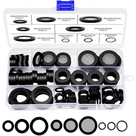 140 PCS 3/4 inch, 1 inch and 1.2 inch black rubber gaskets with stainless steel filters are suitable for kitchen faucets, shower hoses and fittings. (1/5)
