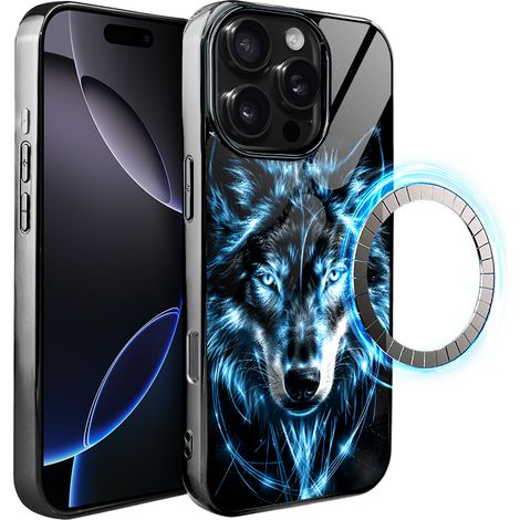 Coque en verre ibizu Elite pour iPhone 16 Pro avec MagSafe, dos en verre, motif Loup Glacé, chrome noir (1/5)