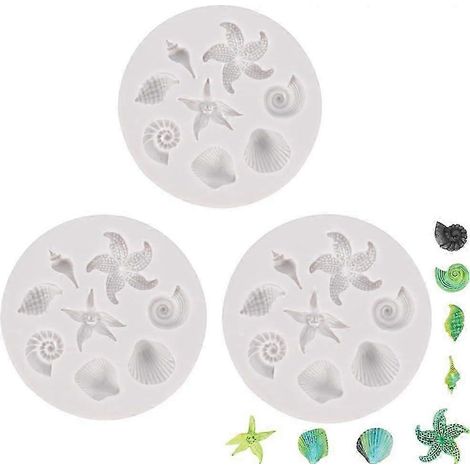 Ensemble de 3 moules à fondant en silicone sur le thème de la vie marine : moules à chocolat en forme de coquillage et moules en forme d’étoile de mer. (1/4)