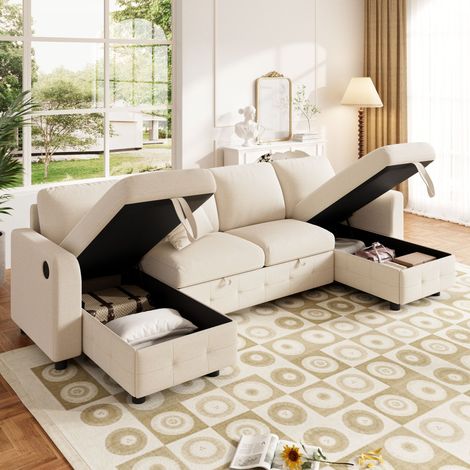 Canapé d'angle convertible en chenille en U avec 2 méridiennes de rangement,port USB +Type-C,2 coussins,canapé lit,canapé convertible 4 places,beige (1/5)