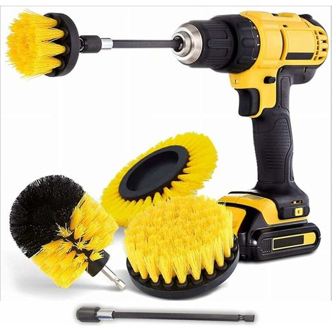 Brosse Perceuse, 4 pièces Brosses pour Perceuse Nettoyage avec Rallonge, Brosse à Perceuse pour Salle de Bain, Cuisine, Sol, Carreaux et Voiture (perceuse Non Incluse) (jaune)