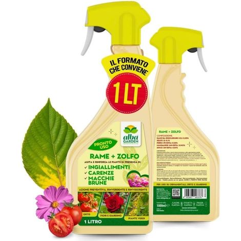 Rame + Zolfo Pronto Uso Fungicida per Orto Giardino Rinverdente Rinvigorente Contro Ingiallimenti Fogliari Spray x 1 Lt (1/5)