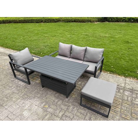 Fimous Aluminium Garden Furniture Set 4 Piece Aluminium Lounge Seating Adjustable Rising Lifting Dining Table Set with Cushions Big Footstool Dark Grey (1/5)
