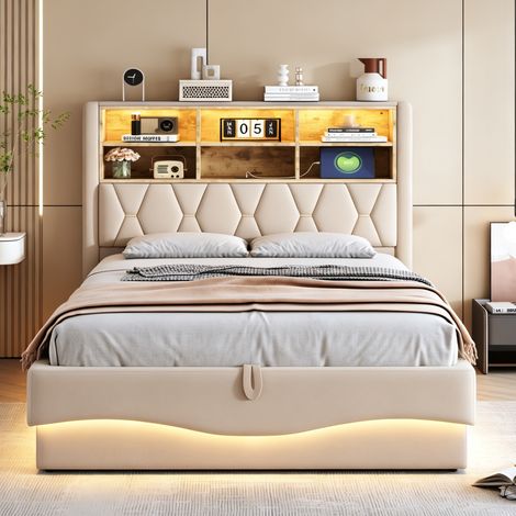 Lit coffre rembourré 140x200 cm avec rangement hydraulique,éclairage LED et USB, lit double avec tête de lit capitonnée, lin beige (1/5)