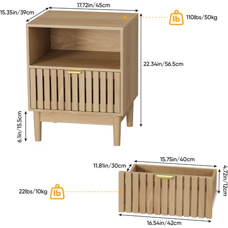 Table de chevet moderne en chêne, de style médiéval, avec un plateau à lattes et un tiroir. Convient aux chambres, entrées, salons et chambres d'enfants. Dimensions : 45 x 39 x 56,5 cm. Vendue à l'uni (1/5)