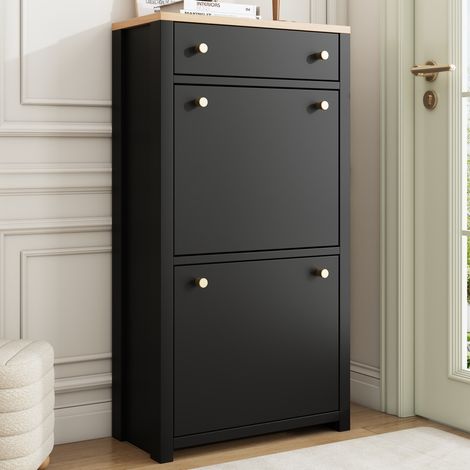 Scarpiera a ribalta 50x25x95 cm, 2 ante, ripiani regolabili, cassetto, MDF, nero effetto legno (1/5)