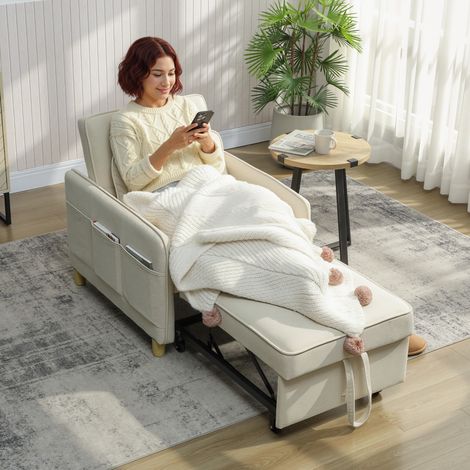 Sillón Cama Individual 3 en 1 Sofá Cama Plegable con Respaldo Ajustable y Cojín para Salón 74x85,5x82 cm Beige (1/5)