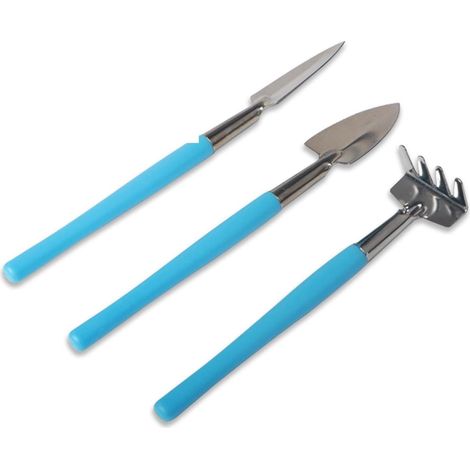 Lot de 3 mini outils de jardinage en acier inoxydable avec pelle, râteau, bêche, outils de jardinage pour plantes grasses, plantes en pot, fleurs (bleu) (1/5)