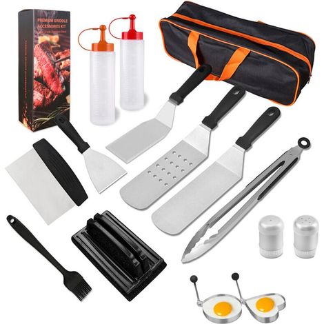 Set 15 Ustensiles Plancha Acier Inoxydable Spatule Barbecue Professionnel Accessoire Grill Teppanyaki Camping (1/5)