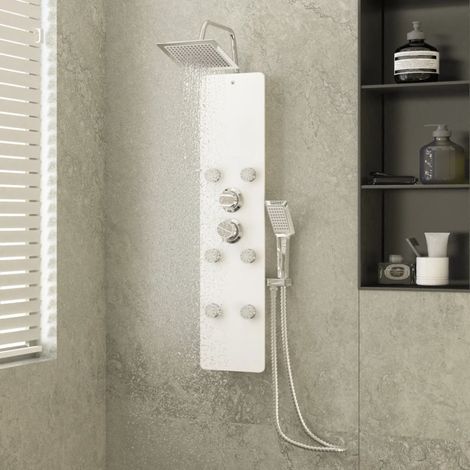 Vidaxl – Colonne de douche hydromassante en acier inoxydable et verre trempé – 3 modes de douche – 6 jets de massage – Dimensions 25x47,5x130 cm – Blanc