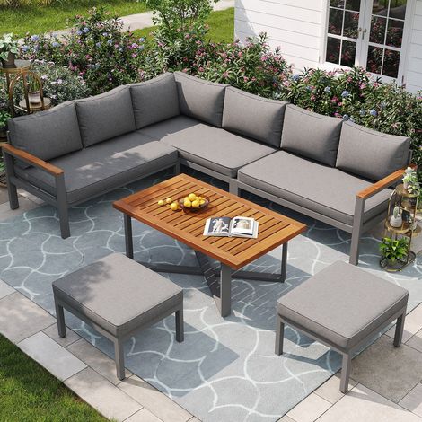 Salon de jardin modulable 7-8 places 3 canapés 2 places 2 sièges simples table plateau bois cadre acier galvanisé