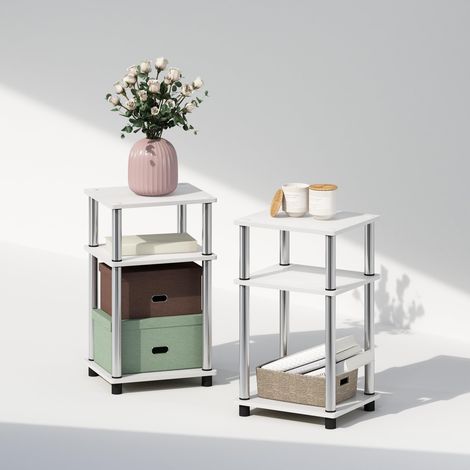 Ensemble de 2 Tables de Chevet, Table de Chevet à 3 Niveaux Turn-N-Tube, sans Outils, Table d'appoint avec Rangement Ouvert pour Chambre ou Salon, chêne Blanc/Acier Inoxydable (1/5)
