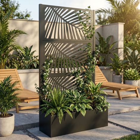 Kisha - Jardinera Separadora para Jardín con Enrejado 98x180x30 cm Macetero de Metal Negro (1/4)