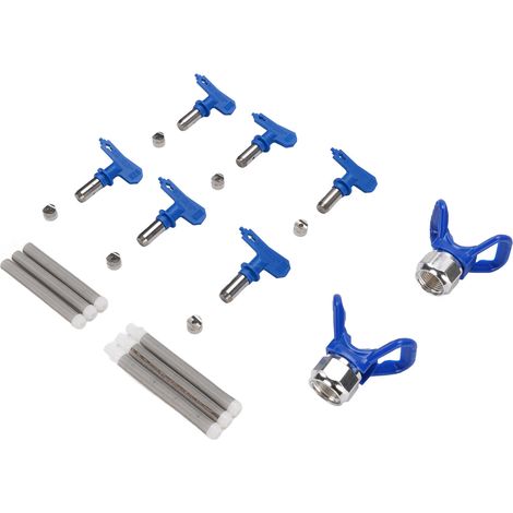 Lot de 6 buses de pulvérisation (références 211, 315, 417, 517, 515 et 523), 2 supports et 6 filtres pour pistolet à peinture sans air (bleu). (1/5)