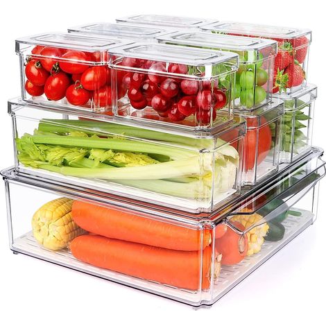 10 Pièces Organisateurs de Réfrigérateur, 3 Tailles Bac de Rangement Empilable Transparent Récipient en Plastique Sans BPA pour Cuisine Armoires Réfrigérateur Stockage Fruits Légumes Céréales (1/5)