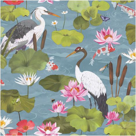 Koi Pond Wallpaper Sky Blue Floral Birds Lily Pads Metallic Finish 10m Roll (1/4)