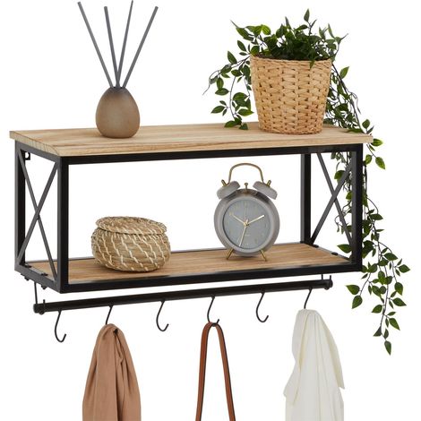 Idimex – Porte-manteau mural 6 crochets – Bois naturel effet brûlé et métal noir – Dimensions 35 x 62 x 20 cm – Charge max 3 kg (1/7)