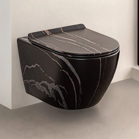 Vaso sospeso Rimless in ceramica marmorizzata nera con sedile Tokyo (1/5)