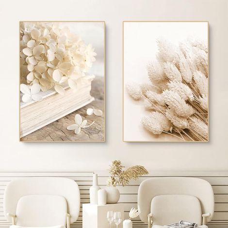Lot de 2 posters - Fleurs beiges - Décoration murale - Pour salon - Style bohème - Sans cadre - 40 x 50 cm (1/5)