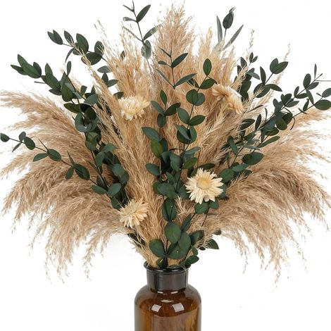 Bouquet Fleurs Séchées Pampa et Eucalyptus Herbe de la Pampa Seche Roseaux Séchés pour Salon Chambre Mariage Fête et Décoration Intérieure Style Bohème (1/5)