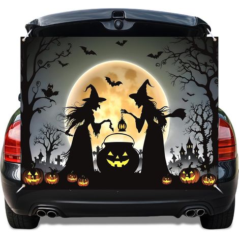 Kit de décoration Halloween Trunk or Treat – Bannière de porte de garage avec pot de sorcière et citrouille + Arche de SUV pour une fête en extérieur sur le thème d'une maison hantée (1/5)
