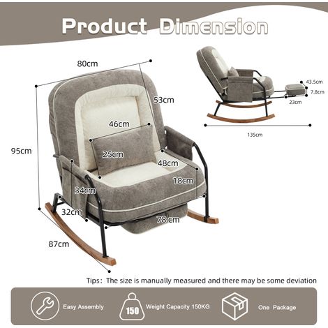 Fauteuil à bascule surdimensionné pour terrasse avec repose-pieds, poche latérale, coussin rembourré, dossier réglable, style ferme en bois, intérieur/extérieur, salon, chambre, balcon, fausse fourrur (1/5)
