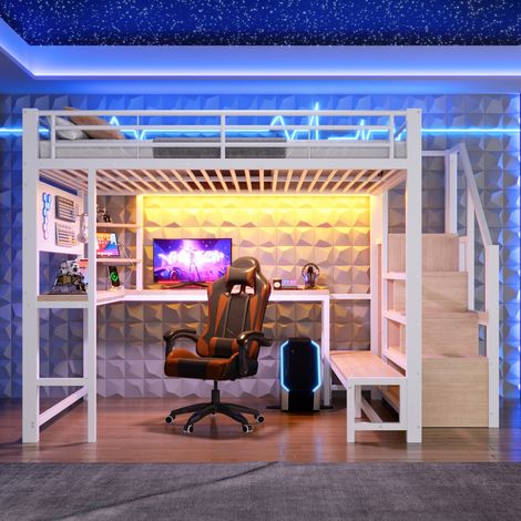 Lit Mezzanine 90x200 avec bureau et LED - escalier de rangement, ports USB, cadre en métal - Lit mezzanine 2 places, moderne blanc (1/5)