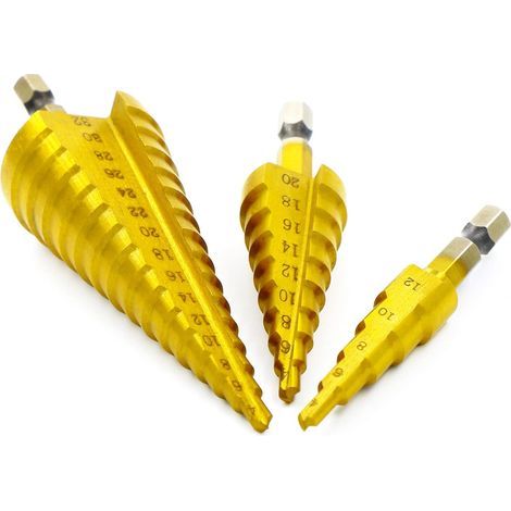 3 Piece HSS Step Drill Bit Set with Titanium Coating, Universal Hex Shank, 4mm-12/20/32mm with Nylon Bag for Plastic, PVC, Wood, Metal, Aluminum, Copper (1/5)